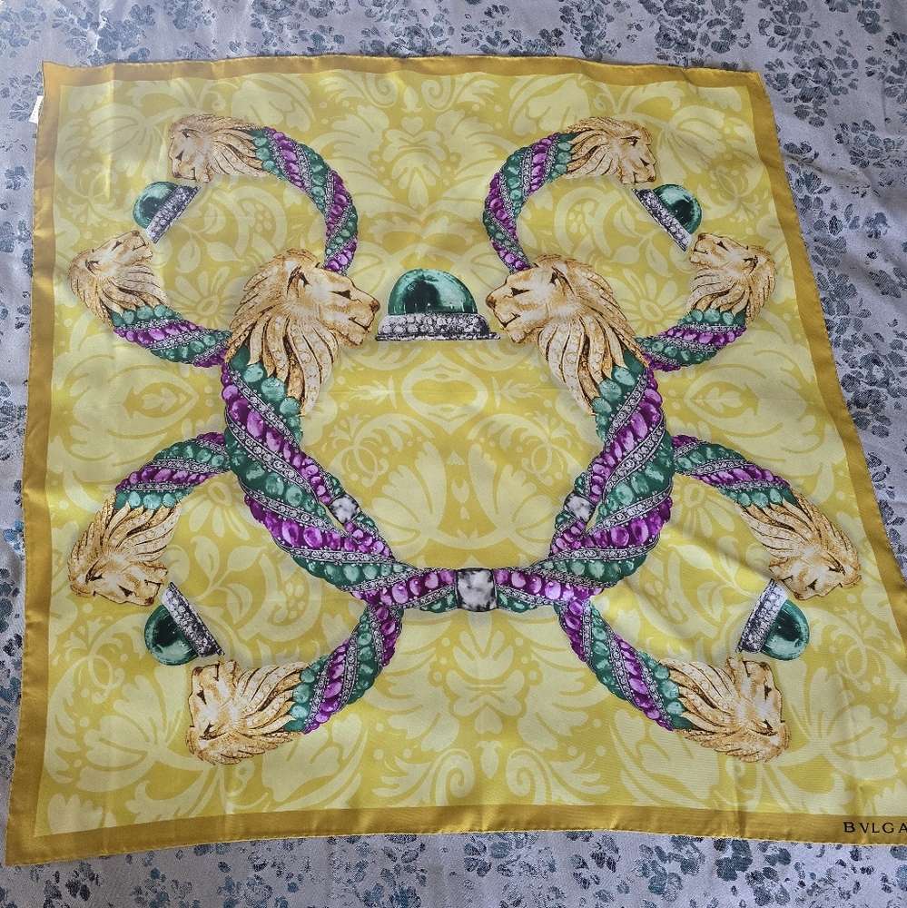 BVLGARI Yellow Silk Scarf with Lion Motif